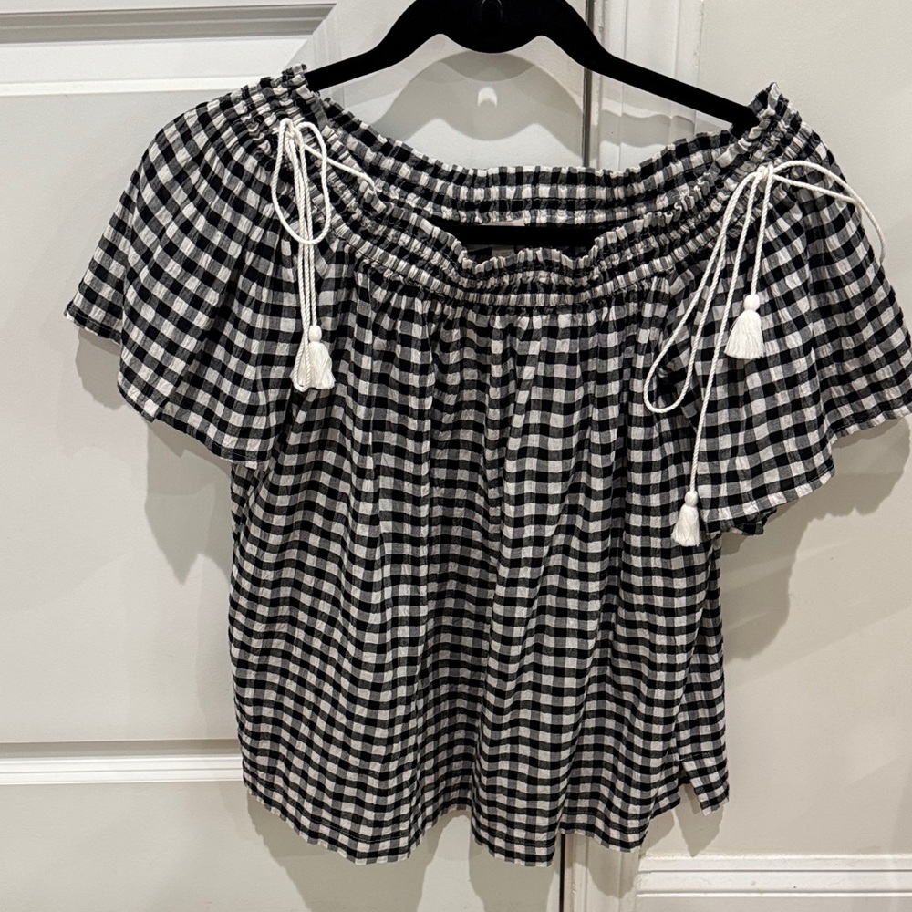 LOFT Black and White Checkered Off-Shoulder Blouse